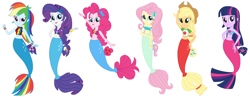 Size: 6470x2530 | Tagged: safe, artist:rebelprincess59, imported from derpibooru, applejack, fluttershy, pinkie pie, rainbow dash, rarity, sci-twi, twilight sparkle, mermaid, equestria girls, magical mystery cure, female, humane five, humane six, mermaidized, simple background, species swap, swapped cutie marks, white background