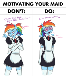 Size: 2658x3068 | Tagged: safe, alternate version, artist:moonatik, imported from derpibooru, anthro, pegasus, apron, clothes, colored sketch, crossed arms, dialogue, dress, evening gloves, floating wings, gloves, goggles, hypnogear, hypnosis, long gloves, ponytail, rainbow maid, sketch, socks, solo, wings