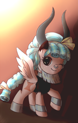 Size: 1091x1713 | Tagged: safe, artist:ninkitka, imported from derpibooru, cozy glow, alicorn, pony, clothes, cosplay, costume, cute, fake horn, female, filly, foal, implied lord tirek, solo