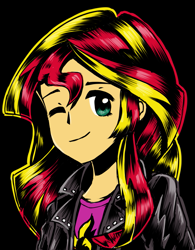 Size: 1193x1533 | Tagged: safe, artist:ninkitka, imported from derpibooru, sunset shimmer, human, equestria girls, black background, clothes, female, one eye closed, shirt, simple background, solo, wink