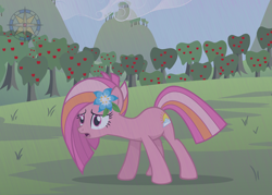 Size: 3500x2500 | Tagged: safe, artist:r4hucksake, imported from derpibooru, oc, oc only, oc:meadow sunrise, earth pony, pony, apple, apple tree, female, flower, flower in hair, food, mare, rain, solo, standing, tree