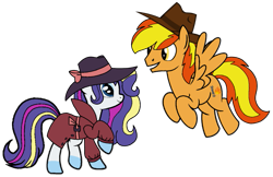 Size: 1047x679 | Tagged: safe, artist:noi kincade, imported from derpibooru, rarity, oc, oc:firey ratchet, pegasus, unicorn, clothes, detective, detective rarity, fedora, female, hat, horn, male, rainbow power, simple background, transparent background, trenchcoat
