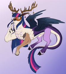 Size: 5406x6082 | Tagged: safe, artist:chub-wub, imported from derpibooru, twilight sparkle, draconequus, absurd resolution, antlers, draconequified, glasses, gradient background, paws, solo, species swap, wings