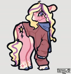 Size: 1600x1652 | Tagged: safe, artist:venus_ai_, imported from derpibooru, starlight (g1), earth pony, pony, alternate cutie mark, alternate design, alternate hairstyle, alternate tail color, alternate tailstyle, clothes, female, g1, gradient hooves, gray background, mare, pink coat, purple eyes, redesign, signature, simple background, tail, two toned mane, unshorn fetlocks