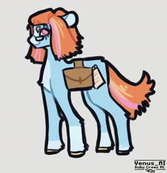 Size: 1600x1652 | Tagged: safe, artist:venus_ai_, imported from derpibooru, bright eyes, earth pony, pony, alternate cutie mark, alternate hairstyle, alternate tail color, alternate tailstyle, bag, blue coat, chest fluff, female, g1, glasses, mare, orange mane, pink eyes, signature, tail, two toned mane, two toned tail, unshorn fetlocks