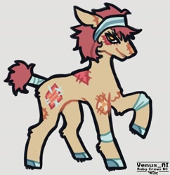 Size: 1600x1652 | Tagged: safe, artist:venus_ai_, imported from derpibooru, patch (g1), earth pony, pony, alternate cutie mark, alternate design, alternate hairstyle, alternate tailstyle, bracelet, facial markings, female, g1, headband, jewelry, leg fluff, mare, red mane, signature, tail, tail accessory, unshorn fetlocks, yellow coat