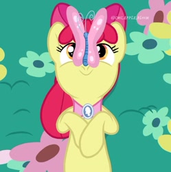 Size: 864x867 | Tagged: safe, artist:cmc.apple.bloom, imported from derpibooru, apple bloom, butterfly, earth pony, pony, the last problem, butterfly on nose, female, insect on nose, mare, older, older apple bloom, solo