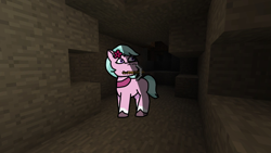 Size: 1280x720 | Tagged: safe, artist:josephthedumbimpostor, imported from derpibooru, earth pony, pony, cave, dahlia, g5, minecraft, mouth hold, pickaxe