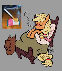 Size: 2938x3368 | Tagged: safe, artist:dartoons, imported from derpibooru, applejack, earth pony, pony, bed, cigarette, eyes closed, female, gray background, hat off, in bed, mare, meme, simple background, sleeping, smoking, solo, toy interpretation