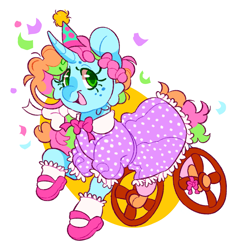 Size: 2023x2048 | Tagged: safe, artist:cocopudu, imported from derpibooru, oc, oc only, oc:sherbet blossom, pony, unicorn, bowtie, clothes, confetti, dress, female, freckles, hat, horn, mare, mary janes, missing limb, open mouth, open smile, party hat, polka dots, shoes, simple background, smiling, socks, solo, white background