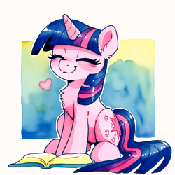 Size: 1024x1024 | Tagged: safe, imported from derpibooru, twilight sparkle, pony, unicorn, ai content, ai generated, anonymous prompter, blush lines, blushing, book, chest fluff, digital watercolor, ear fluff, eyes closed, female, floating heart, full body, generator needed, happy, heart, horn, mare, sitting, smiling, solo, unicorn twilight
