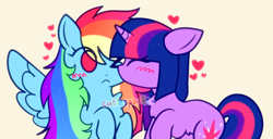 Size: 1250x640 | Tagged: safe, artist:cutiesparke, imported from derpibooru, rainbow dash, twilight sparkle, pegasus, pony, unicorn, :<, alternate hairstyle, blushing, chest fluff, eyes closed, female, heart, horn, lesbian, one eye closed, raised hoof, shipping, simple background, spread wings, twidash, unicorn twilight, wings, yellow background