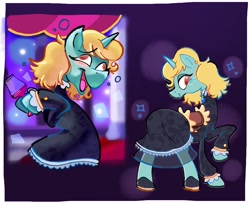 Size: 2048x1698 | Tagged: safe, artist:chipchapp, imported from derpibooru, oc, oc only, oc:kit kat, pony, unicorn, abstract background, black dress, blonde mane, border, brown eyes, canterlot castle interior, clothes, colored, curtains, dancing, derp, dress, drink, drunk, drunk bubbles, duality, eyelashes, female, frilly dress, gala dress, gala outfit, glass, hoof hold, hoof shoes, horn, indoors, lidded eyes, looking back, mare, mint coat, open mouth, open smile, raised hoof, smiling, solo, sparkles, standing, unicorn horn, unicorn oc