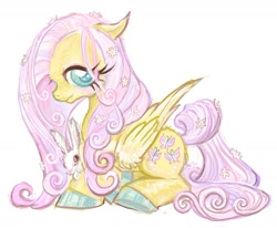 Size: 1560x1287 | Tagged: safe, artist:eyerealm, imported from derpibooru, angel bunny, fluttershy, pegasus, pony, rabbit, alternate design, animal, big eyes, blushing, colored hooves, curly mane, curly tail, duo, duo male and female, eyelashes, female, flower, flower in hair, flower in tail, folded wings, lidded eyes, male, mare, pink mane, pink tail, profile, shiny hooves, simple background, sitting, smiling, solo, tail, teal eyes, white background, wing fluff, wingding eyes, wings, yellow coat