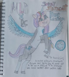 Size: 2604x2904 | Tagged: safe, artist:blackblade360, imported from derpibooru, sunny starscout, alicorn, pony, alternate cutie mark, artificial alicorn, blue lantern, blue wings, clothes, colored pencil drawing, crossover, dc comics, emotional spectrum, female, flying, g5, high res, logo, looking up, mane stripe sunny, mare, multicolored mane, orange coat, race swap, smiling, spread wings, sunnycorn, superhero, superhero costume, tail, title card, traditional art, two toned tail, uniform, unshorn fetlocks, wings