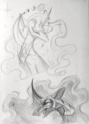 Size: 1080x1496 | Tagged: safe, artist:owl_clare, imported from derpibooru, nightmare moon, princess luna, alicorn, pony, black and white, curved horn, fangs, female, grayscale, headdress, helmet, horn, mare, monochrome, peytral, simple background, sketch, traditional art, white background
