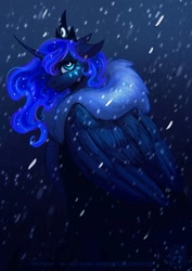 Size: 1453x2048 | Tagged: safe, artist:owl_clare, imported from derpibooru, princess luna, alicorn, pony, clothes, curved horn, female, horn, jewelry, mare, regalia, snow, snowfall, solo, wingding eyes