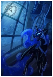 Size: 1507x2160 | Tagged: safe, artist:owl_clare, imported from derpibooru, nightmare moon, alicorn, pony, fangs, female, full moon, helmet, hoof shoes, mare, moon, night, peytral, slit pupils, solo, window