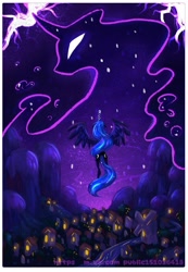 Size: 1491x2160 | Tagged: safe, artist:owl_clare, imported from derpibooru, princess luna, tantabus, alicorn, pony, unicorn, duo, female, flying, horn, mare, mountain, night, ponyville, river, scenery, spread wings, water, wings