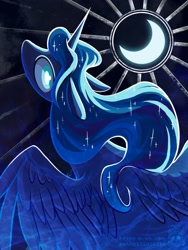 Size: 1417x1889 | Tagged: safe, artist:owl_clare, imported from derpibooru, princess luna, alicorn, pony, crescent moon, female, looking at you, looking back, looking back at you, mare, moon, solo, spread wings, wings