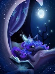 Size: 1417x1889 | Tagged: safe, artist:owl_clare, imported from derpibooru, princess luna, alicorn, pony, bed, female, hair over one eye, in bed, lying down, magic, mare, prone, reading, solo, telekinesis