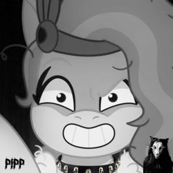 Size: 720x720 | Tagged: safe, edit, edited screencap, imported from derpibooru, screencap, pipp petals, pegasus, pony, as the misty clears, black and white, black metal, dark, evil grin, eyebrows, female, g5, grayscale, grin, makeup, mare, messy mane, metalhead, monochrome, my little pony: tell your tale, raised eyebrow, scp foundation, smiling, solo