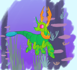 Size: 1570x1424 | Tagged: safe, artist:the---robbie72, imported from derpibooru, thorax, changedling, changeling, shrimp, air bubble, antlers, bubble, carapace, coral, crustacean, gem, king thorax, male, ocean, seaweed, shrimpified, solo, species swap, swimming, tail, turned head, underwater, water