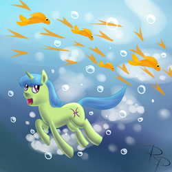 Size: 2000x2000 | Tagged: safe, artist:ruberphoenix, imported from derpibooru, fish, pony, unicorn, bubble, crepuscular rays, female, flowing mane, flowing tail, horn, mare, ocean, open mouth, pisces, pisces (g4), ponyscopes, solo, sunlight, swimming, tail, underwater, water