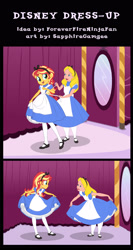Size: 1594x3000 | Tagged: safe, artist:sapphiregamgee, imported from derpibooru, sunset shimmer, equestria girls, carousel boutique, clothes, comic, commission, crossover, disney, disney style, dress