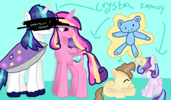 Size: 1080x630 | Tagged: safe, artist:milochanz!, derpibooru exclusive, imported from derpibooru, princess cadance, princess flurry heart, oc, 2022, base used, cape, clothes, colt, crystal family, female, filly, foal, magic, magic aura, male, mare, not pound cake, old art, plushie, shipping, stallion, teddy bear, unknown