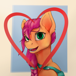 Size: 2000x2000 | Tagged: safe, artist:tenebrisnoctus, imported from derpibooru, sunny starscout, earth pony, pony, bust, female, g5, gradient background, heart, high res, looking at you, mare, open mouth, open smile, passepartout, smiling, smiling at you, solo, sunny's bag