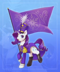 Size: 1692x2048 | Tagged: safe, artist:g4bby, imported from derpibooru, rarity, pony, unicorn, blue background, clothes, crystal empire flag, cute, female, flag, gradient background, horn, looking at you, mare, shoes, simple background, smiling, smiling at you, solo