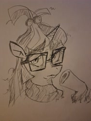 Size: 3468x4624 | Tagged: safe, artist:notsafeforsanity, imported from derpibooru, moondancer, unicorn, bust, clothes, glasses, horn, pencil drawing, portrait, sketch, solo, sweater, traditional art
