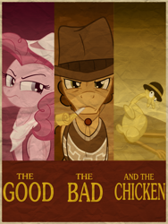 Size: 1800x2400 | Tagged: safe, artist:sixes&sevens, imported from derpibooru, boneless, cheese sandwich, pinkie pie, earth pony, cowboy hat, hat, party horn, poster, the good the bad and the ugly