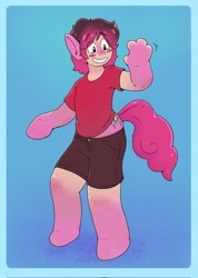 Size: 1461x2048 | Tagged: safe, artist:dondedun, imported from derpibooru, pinkie pie, earth pony, human, pony, bean mouth, blush sticker, blushing, clothes, human to pony, smiling, solo, transformation