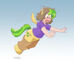 Size: 1983x1631 | Tagged: safe, artist:dondedun, imported from derpibooru, oc, oc only, human, pegasus, pony, clothes, falling, gradient background, human to pony, open mouth, solo, transformation