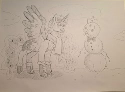 Size: 1699x1249 | Tagged: safe, artist:cluterdrop, imported from derpibooru, princess luna, alicorn, pony, boots, bowtie, clothes, female, grin, mare, monochrome, scarf, shoes, smiling, snow, snowman, solo, spread wings, traditional art, wings