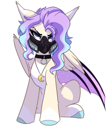 Size: 1080x1253 | Tagged: safe, artist:skyboundsiren, imported from derpibooru, oc, oc:dreamy nightfall, bat pony, angry, collar, female, floppy ears, hybrid wings, jewelry, looking at you, mask, necklace, slit eyebrow, wings