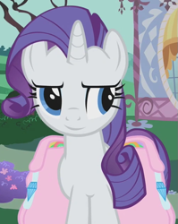 Size: 505x635 | Tagged: safe, edit, edited screencap, editor:twilyisbestpone, imported from derpibooru, screencap, rarity, pony, unicorn, season 1, swarm of the century, bag, cropped, female, horn, inverted mouth, looking at something, mare, saddle bag, smiling, solo