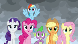Size: 1280x720 | Tagged: safe, imported from derpibooru, screencap, applejack, fluttershy, pinkie pie, rainbow dash, rarity, spike, dragon, earth pony, pegasus, pony, unicorn, season 9, the ending of the end, spoiler:s09, spoiler:season 9, female, horn, male, mare, spoiler