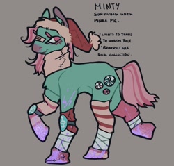 Size: 1560x1492 | Tagged: safe, artist:venus_ai_, imported from derpibooru, minty, earth pony, pony, apocalypse, armor, armored pony, bandage, bandaid, bandaid on nose, blood, christmas, clothes, cyan coat, g3, glitter, hat, holiday, implied pinkie pie, infection, infection au, mlp infection, pink eyes, pink mane, pink tail, reference sheet, santa hat, smiling, socks, tail, two toned mane, two toned tail, virus