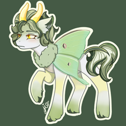 Size: 3072x3072 | Tagged: safe, artist:duckyia, imported from derpibooru, oc, alicorn, butterfly, insect, moth, pony, chest fluff, ear fluff, eyebrows, folded wings, gradient hooves, green, green background, hooves, horns, raised hoof, short hair, short mane, short tail, simple background, solo, spots, tail, unshorn fetlocks, wings, yellow eyes