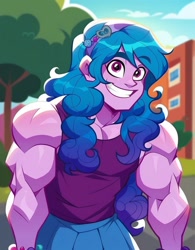 Size: 800x1024 | Tagged: safe, imported from derpibooru, izzy moonbow, equestria girls, ai content, ai generated, breasts, buff, delicious flat chest, g5, generator:purplesmart.ai, generator:stable diffusion, grin, hairband, long hair, male, muscles, muscular male, overdeveloped muscles, prompter:enterusxrname, rule 63, smiling, solo