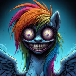 Size: 1024x1024 | Tagged: safe, imported from derpibooru, rainbow dash, pegasus, pony, ai content, ai generated, crazy eyes, creepy, creepy smile, generator:bing image creator, generator:dall-e 3, long mane, manga style, nightmare fuel, prompter:enterusxrname, psycho, smiling, solo, wings