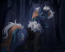 Size: 2560x2048 | Tagged: safe, artist:sweettsa1t, imported from derpibooru, oc, oc only, pony, unicorn, clothes, commission, ear fluff, ear tufts, forest, horn, jacket, nature, solo, tree