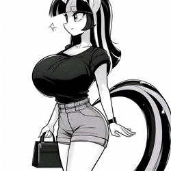 Size: 1024x1024 | Tagged: safe, imported from derpibooru, twilight sparkle, anthro, adorasexy, ai content, ai generated, bag, big breasts, breasts, busty twilight sparkle, clothes, curvy, cute, female, handbag, hourglass figure, huge breasts, implied tail hole, monochrome, prompter:horselover fat, sexy, shirt, shorts, side view, simple background, smiling, solo, sparkles, stupid sexy twilight, tail, walking, watch, white background