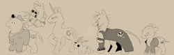 Size: 4096x1293 | Tagged: safe, artist:oat-pup, imported from derpibooru, earth pony, pegasus, pony, unicorn, allan red, angry, beige background, bracelet, charlie dompler, clothes, coat, curved horn, dot eyes, flying, furless, furrowed brow, glep, gnarly, grim, group, happy, hat, hoodie, horn, jewelry, leonine tail, liver spots, looking at each other, looking at someone, male, narrowed eyes, neck fluff, pim pimling, ponified, raised hoof, sharp teeth, shirt, short horn, simple background, smiling, smiling at each other, smiling friends, stubble, sweat, sweatdrop, tail, teeth, trenchcoat, watch, wizard hat