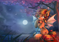 Size: 4961x3508 | Tagged: safe, artist:chaosangeldesu, imported from derpibooru, oc, oc only, oc:flaming hoof, bat pony, pony, bat pony oc, bat wings, cherry blossoms, cloud, commission, cute, flower, flower blossom, moon, night, river, solo, water, wings