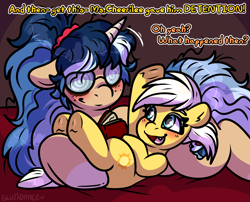 Size: 2000x1619 | Tagged: safe, artist:sexygoatgod, imported from derpibooru, sunny daze, oc, oc:depraved daydream, earth pony, pony, unicorn, age difference, canon x oc, cuddling, cute, cute little fangs, fangs, female, filly, foal, horn, mare