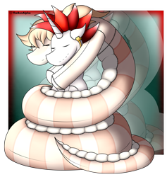Size: 1689x1785 | Tagged: safe, artist:thebenalpha, imported from derpibooru, oc, oc only, oc:peach "cassiopeia" blossom, oc:ryoku memori, alicorn, lamia, original species, pony, coiling, coils, duo, eyes closed, folded wings, hug, plushie, wings